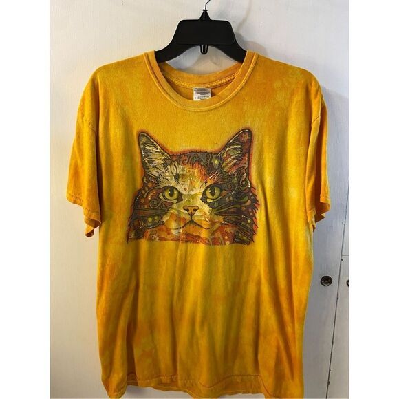 Cat Face lover tshirt yellow orange color tie dye Large 100 cotton - Picture 1 of 7